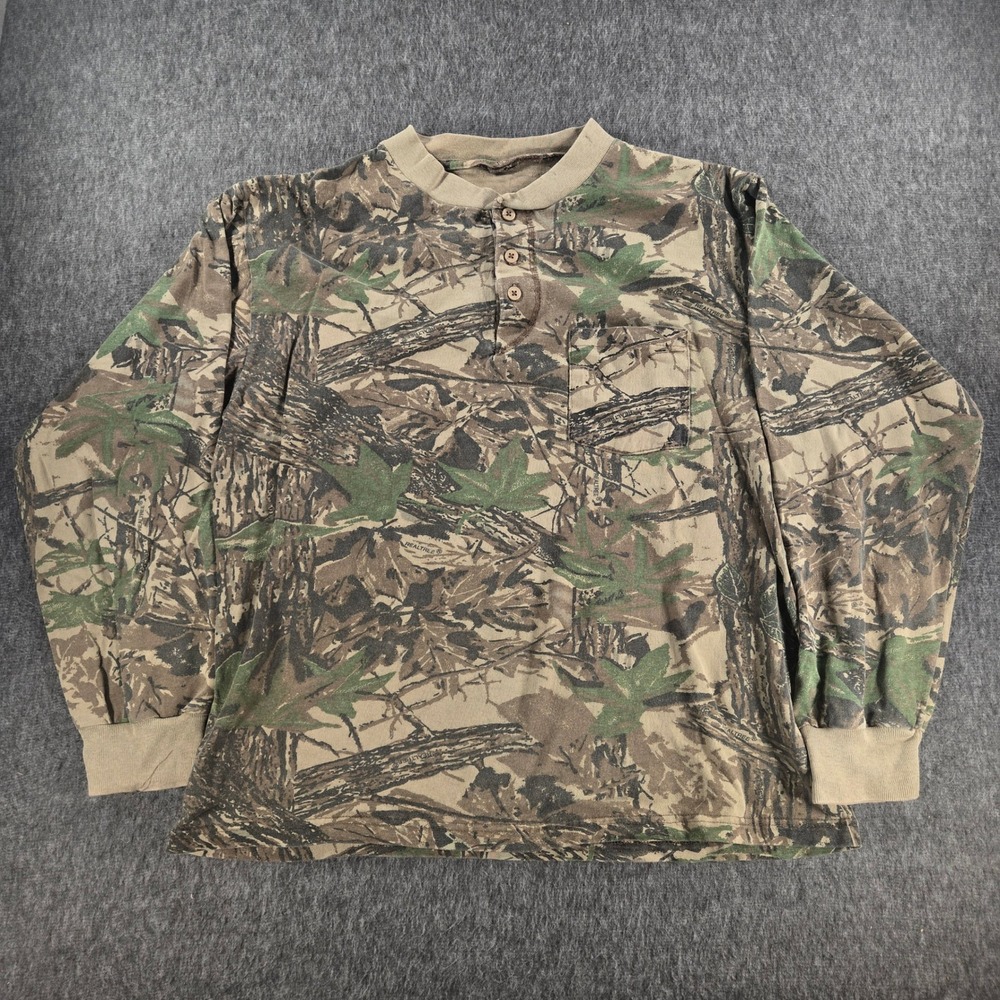 Vintage Realtree Camo Henley Shirt Mens L Brown Green Long Sleeve Pocket Hunting